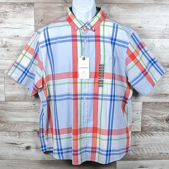 International Report* Men's Short Sleeve Button Down Curved Hem Plaid Shirt~ XXL - Picture 1 of 13